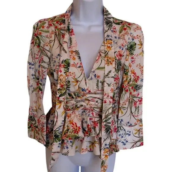 Hellessy Fitted Tie Front Floral Blouse with Ruffled Peplum Plunging V Neck s 2 - Picture 6 of 16